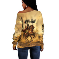 Sundiata Keita Off Shoulder Sweater with Kirina 1235 Battle Map, Horseback Warrior and Birth of an Empire Design - Wonder Print Shop