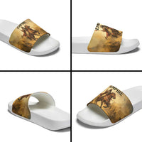 Sundiata Keita Slide Sandals with Kirina 1235 Battle Map, Horseback Warrior and Birth of an Empire Design - Wonder Print Shop