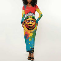 Amilcar Cabral Long Sleeve Bodycon Dress Armed Activist Quote Raised Fist African Liberation Tribute - Colorful Paint Stroke - Wonder Print Shop