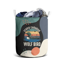 Stupid Canadian Wolf Bird Laundry Basket with Retro Sunset Stripe Pattern