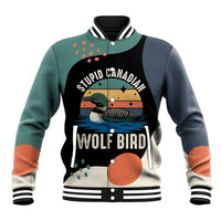 Stupid Canadian Wolf Bird Baseball Jacket with Retro Sunset Stripe Pattern