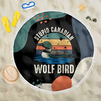 Stupid Canadian Wolf Bird Beach Blanket with Retro Sunset Stripe Pattern