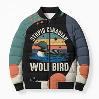Stupid Canadian Wolf Bird Bomber Puffer Jacket with Retro Sunset Stripe Pattern