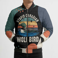 Stupid Canadian Wolf Bird Bomber Puffer Jacket with Retro Sunset Stripe Pattern