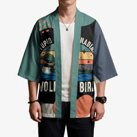 Stupid Canadian Wolf Bird Kimono with Retro Sunset Stripe Pattern