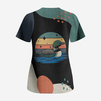 Stupid Canadian Wolf Bird Scrub Top with Retro Sunset Stripe Pattern