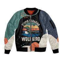 Stupid Canadian Wolf Bird Sleeve Zip Bomber Jacket with Retro Sunset Stripe Pattern
