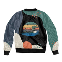 Stupid Canadian Wolf Bird Sleeve Zip Bomber Jacket with Retro Sunset Stripe Pattern