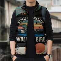 Stupid Canadian Wolf Bird Sleeveless Puffer Jacket with Retro Sunset Stripe Pattern