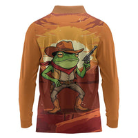 Cowboy Frog Outlaw Long Sleeve Polo Shirt with Desert Sunset Silhouette Pattern