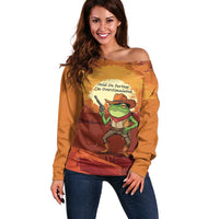Cowboy Frog Outlaw Off Shoulder Sweater with Desert Sunset Silhouette Pattern