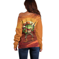Cowboy Frog Outlaw Off Shoulder Sweater with Desert Sunset Silhouette Pattern