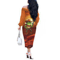 Cowboy Frog Outlaw Off The Shoulder Long Sleeve Dress with Desert Sunset Silhouette Pattern