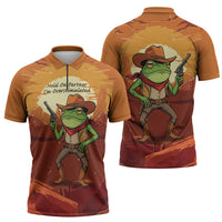 Cowboy Frog Outlaw Zipper Polo Shirt with Desert Sunset Silhouette Pattern