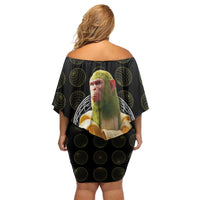 Chimpanzi Bananini Primate Off Shoulder Short Dress with 3D Wireframe Globe Pattern
