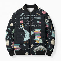 I Survived 100 Days of School Bomber Puffer Jacket Funny Pigeon 100th Day Teacher