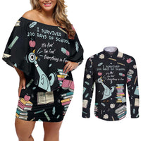 I Survived 100 Days of School Couples Matching Off Shoulder Short Dress and Long Sleeve Button Shirt Funny Pigeon 100th Day Teacher