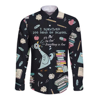 I Survived 100 Days of School Long Sleeve Button Shirt Funny Pigeon 100th Day Teacher