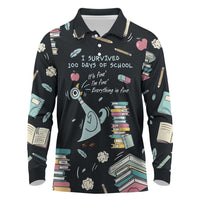 I Survived 100 Days of School Long Sleeve Polo Shirt Funny Pigeon 100th Day Teacher