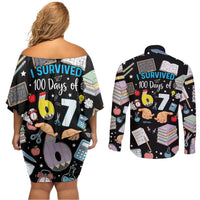 I Survived 100 Days of 67 Couples Matching Off Shoulder Short Dress and Long Sleeve Button Shirt 100th Day of School Teachers Kids