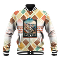 Santorini Greece Baseball Jacket Sunset Village Print and Mediterranean Geometric Pattern