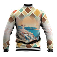 Santorini Greece Baseball Jacket Sunset Village Print and Mediterranean Geometric Pattern