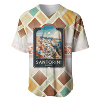 Santorini Greece Baseball Jersey Sunset Village Print and Mediterranean Geometric Pattern