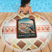 Santorini Greece Beach Blanket Sunset Village Print and Mediterranean Geometric Pattern