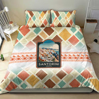 Santorini Greece Bedding Set Sunset Village Print and Mediterranean Geometric Pattern