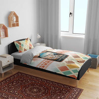 Santorini Greece Bedding Set Sunset Village Print and Mediterranean Geometric Pattern