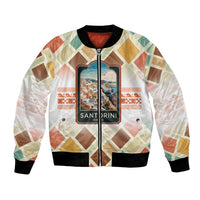 Santorini Greece Bomber Jacket Sunset Village Print and Mediterranean Geometric Pattern