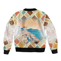 Santorini Greece Bomber Jacket Sunset Village Print and Mediterranean Geometric Pattern