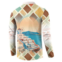 Santorini Greece Button Sweatshirt Sunset Village Print and Mediterranean Geometric Pattern
