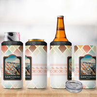 Santorini Greece 4 in 1 Can Cooler Tumbler Sunset Village Print and Mediterranean Geometric Pattern