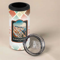 Santorini Greece 4 in 1 Can Cooler Tumbler Sunset Village Print and Mediterranean Geometric Pattern