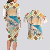 Santorini Greece Couples Matching Long Sleeve Bodycon Dress and Hawaiian Shirt Sunset Village Print and Mediterranean Geometric Pattern
