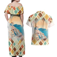 Santorini Greece Couples Matching Off Shoulder Maxi Dress and Hawaiian Shirt Sunset Village Print and Mediterranean Geometric Pattern