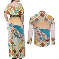 Santorini Greece Couples Matching Off Shoulder Maxi Dress and Long Sleeve Button Shirt Sunset Village Print and Mediterranean Geometric Pattern
