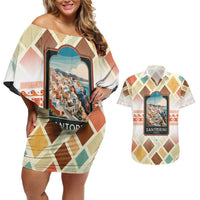 Santorini Greece Couples Matching Off Shoulder Short Dress and Hawaiian Shirt Sunset Village Print and Mediterranean Geometric Pattern