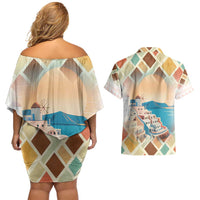 Santorini Greece Couples Matching Off Shoulder Short Dress and Hawaiian Shirt Sunset Village Print and Mediterranean Geometric Pattern