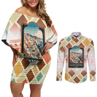 Santorini Greece Couples Matching Off Shoulder Short Dress and Long Sleeve Button Shirt Sunset Village Print and Mediterranean Geometric Pattern
