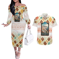 Santorini Greece Couples Matching Off The Shoulder Long Sleeve Dress and Hawaiian Shirt Sunset Village Print and Mediterranean Geometric Pattern