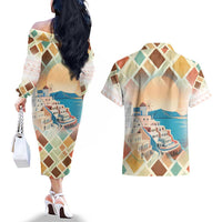 Santorini Greece Couples Matching Off The Shoulder Long Sleeve Dress and Hawaiian Shirt Sunset Village Print and Mediterranean Geometric Pattern