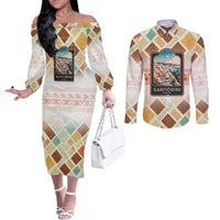 Santorini Greece Couples Matching Off The Shoulder Long Sleeve Dress and Long Sleeve Button Shirt Sunset Village Print and Mediterranean Geometric Pattern