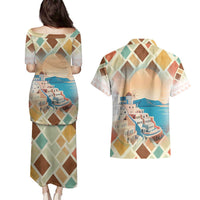 Santorini Greece Couples Matching Puletasi and Hawaiian Shirt Sunset Village Print and Mediterranean Geometric Pattern