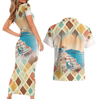 Santorini Greece Couples Matching Short Sleeve Bodycon Dress and Hawaiian Shirt Sunset Village Print and Mediterranean Geometric Pattern