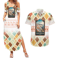 Santorini Greece Couples Matching Summer Maxi Dress and Hawaiian Shirt Sunset Village Print and Mediterranean Geometric Pattern