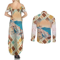 Santorini Greece Couples Matching Summer Maxi Dress and Long Sleeve Button Shirt Sunset Village Print and Mediterranean Geometric Pattern