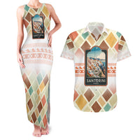 Santorini Greece Couples Matching Tank Maxi Dress and Hawaiian Shirt Sunset Village Print and Mediterranean Geometric Pattern
