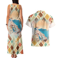 Santorini Greece Couples Matching Tank Maxi Dress and Hawaiian Shirt Sunset Village Print and Mediterranean Geometric Pattern